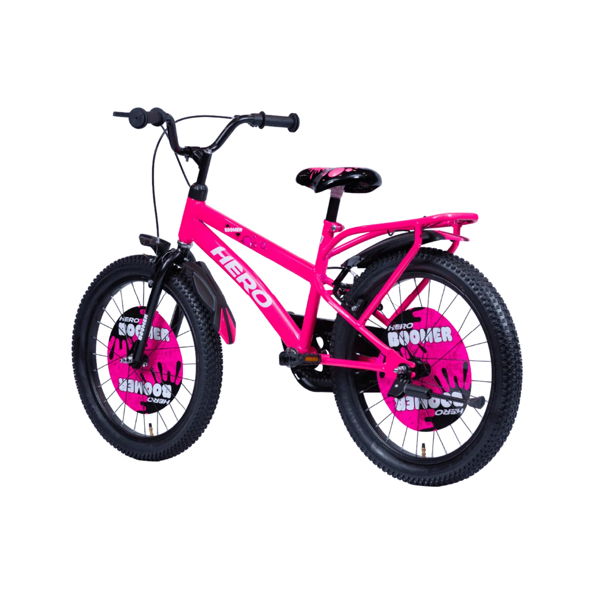 Hero Boomer pink kids cycle shown from the front angle with sporty handlebar and carrier