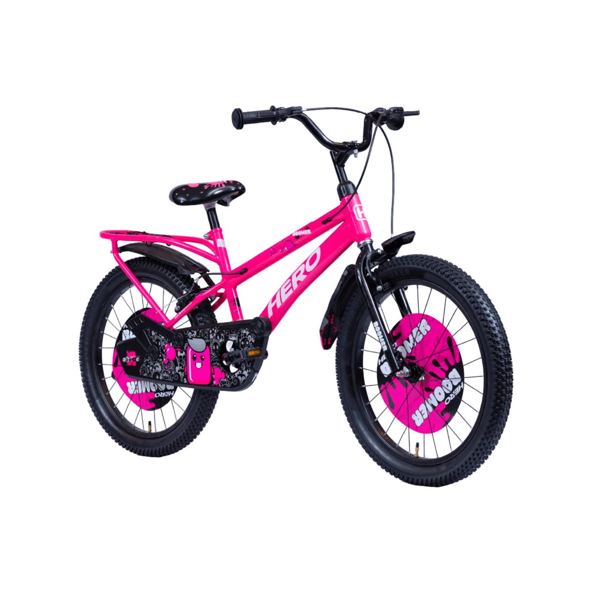 Hero Boomer pink kids bicycle with sporty frame, wide tyres and matching wheel disc graphics