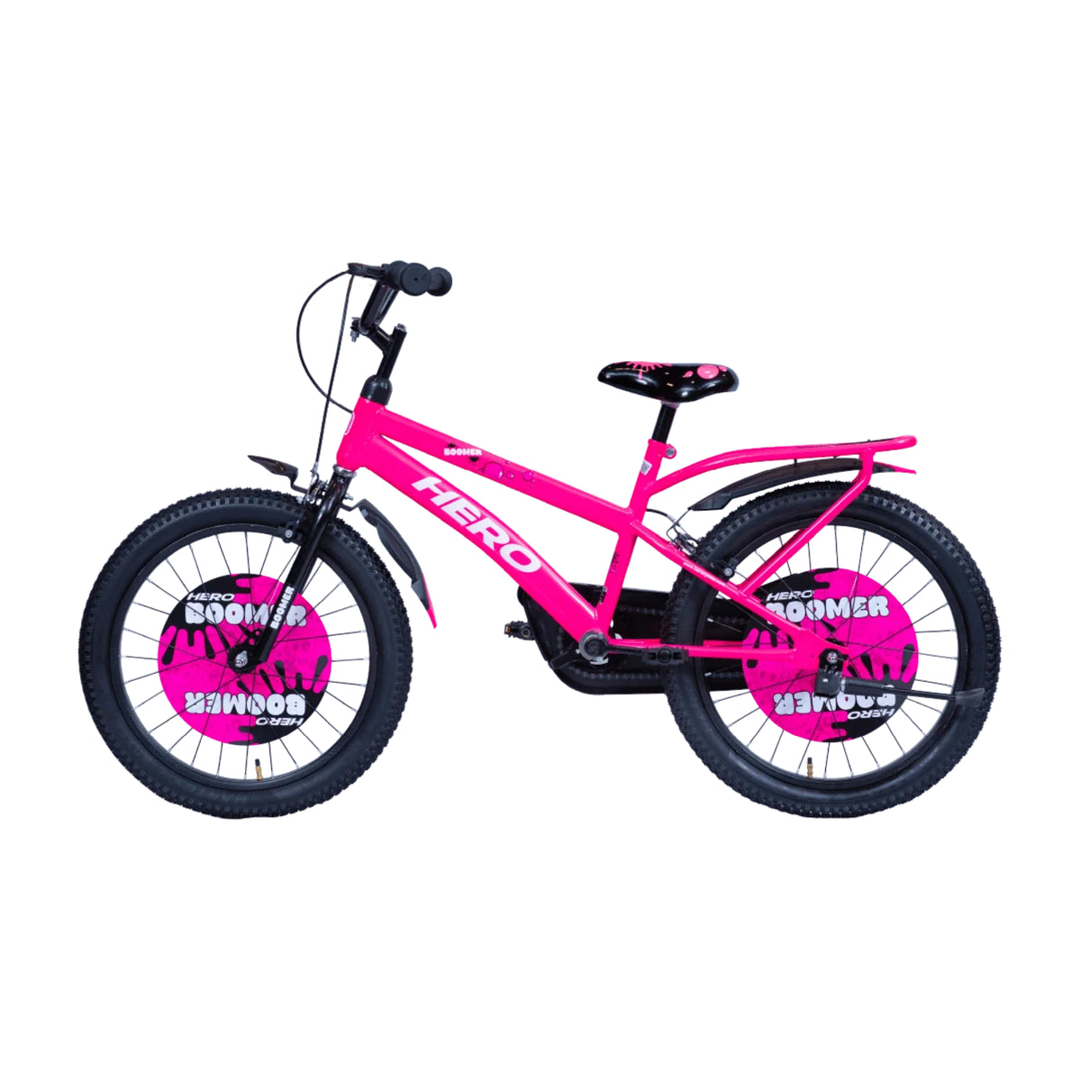 Hero Boomer pink kids bicycle viewed from the rear side with carrier and colour-matched styling