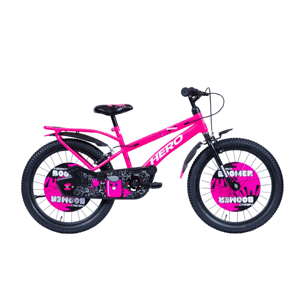 Hero Boomer pink bicycle side view showing the sporty frame, carrier and themed wheel design