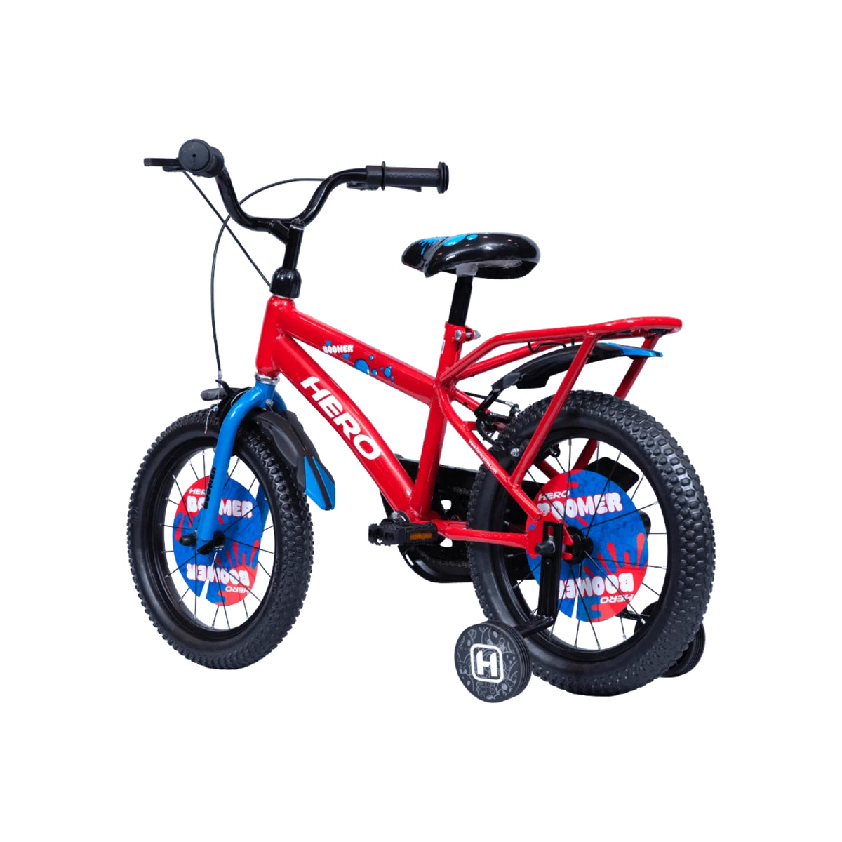 Hero Boomer red kids cycle shown from the front angle with support wheels and rear carrier