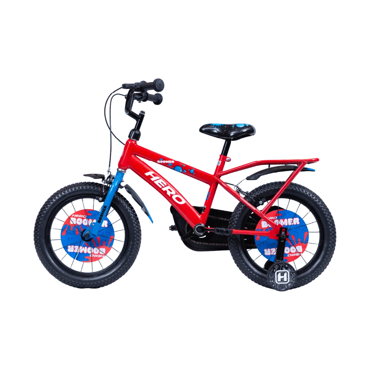 Hero Boomer red kids bicycle viewed from the rear side with support wheels and carrier