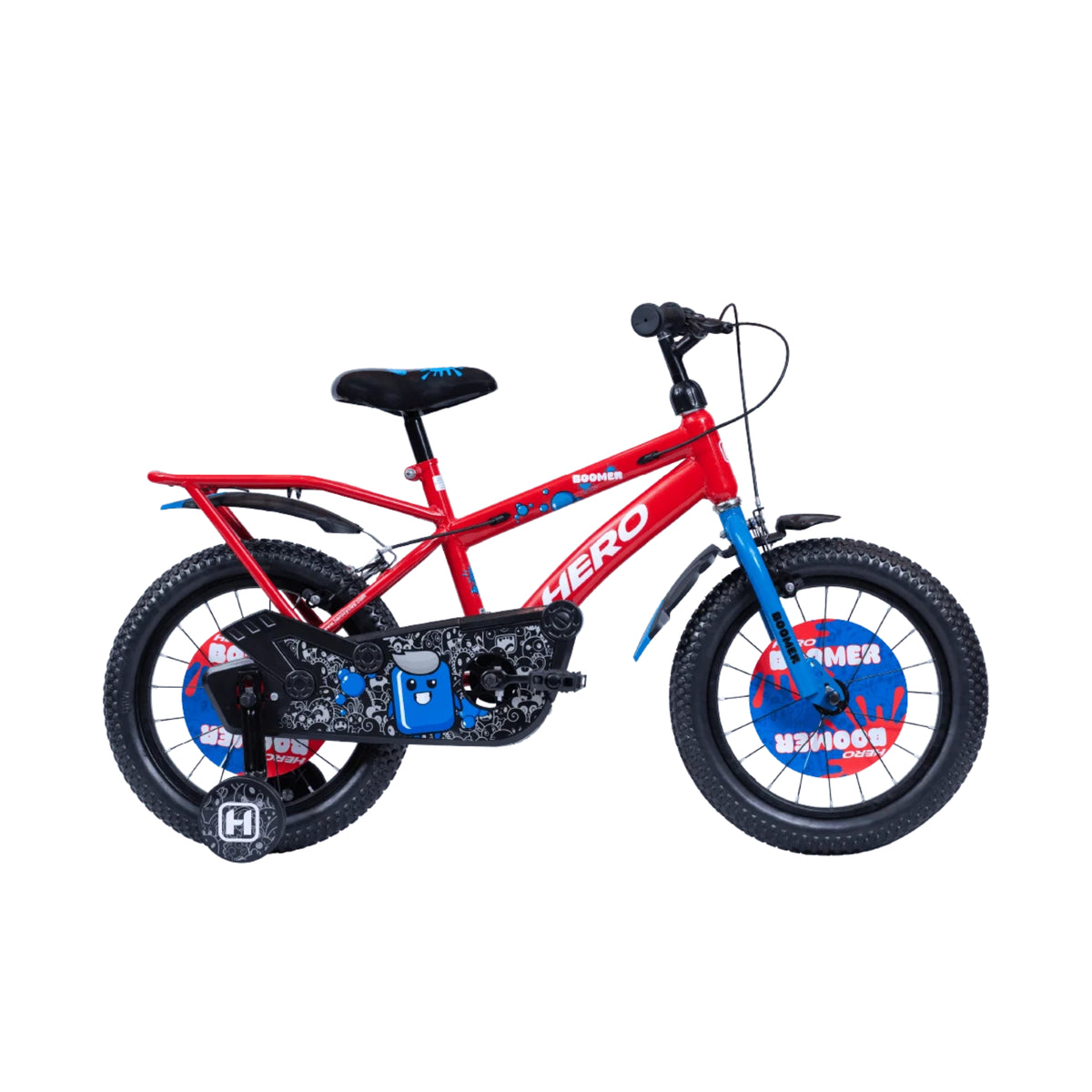 Hero Boomer red bicycle side view featuring support wheels, sporty frame and carrier