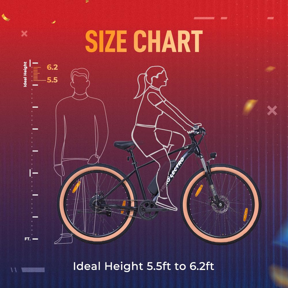 Hero Lectro electric cycle size chart showing ideal rider height from 5.5 ft to 6.2 ft
