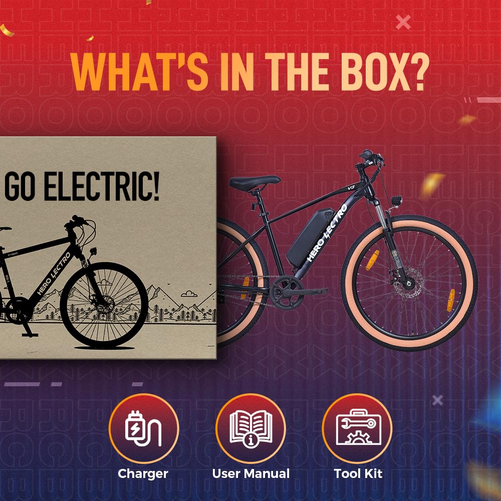 Hero Lectro electric cycle box contents including charger, user manual and tool kit
