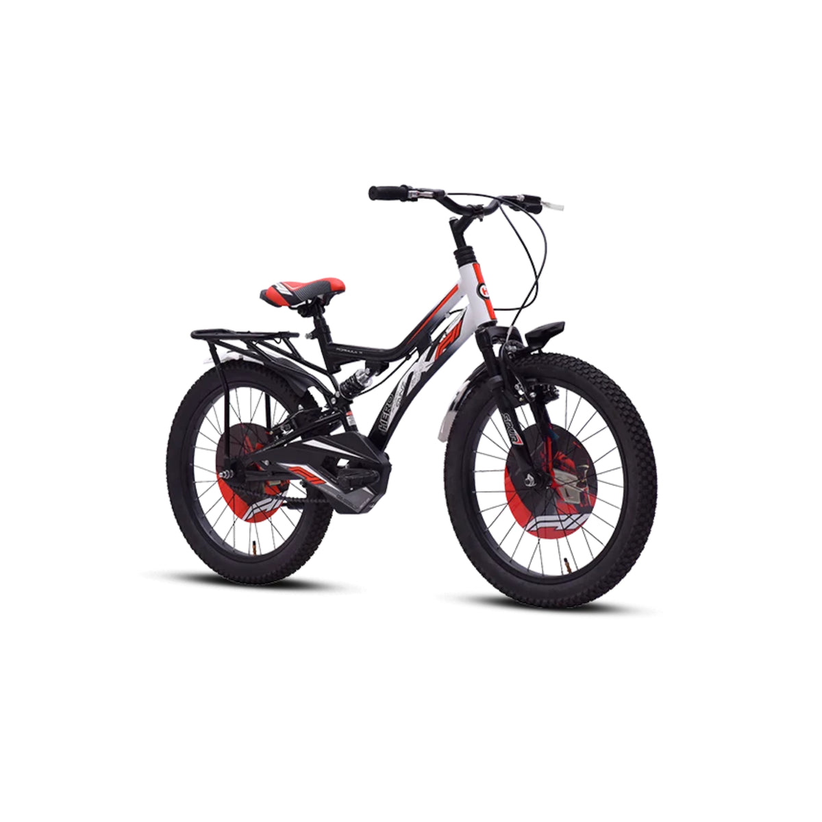Hero F11 20T black and red kids bicycle with dual suspension and disc-style wheel design