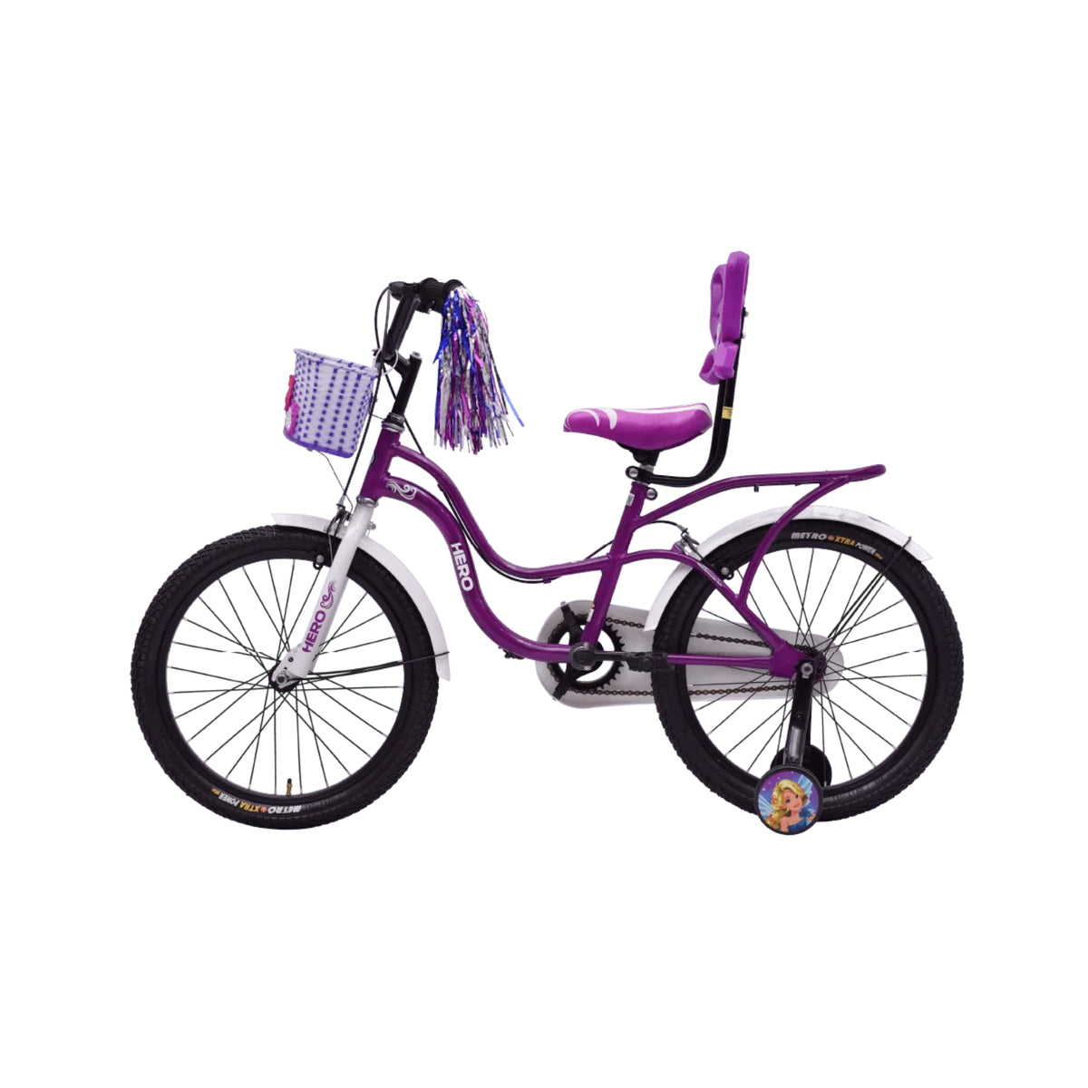 Hero Fairy 1 purple girls cycle with front basket rear seat and side wheels