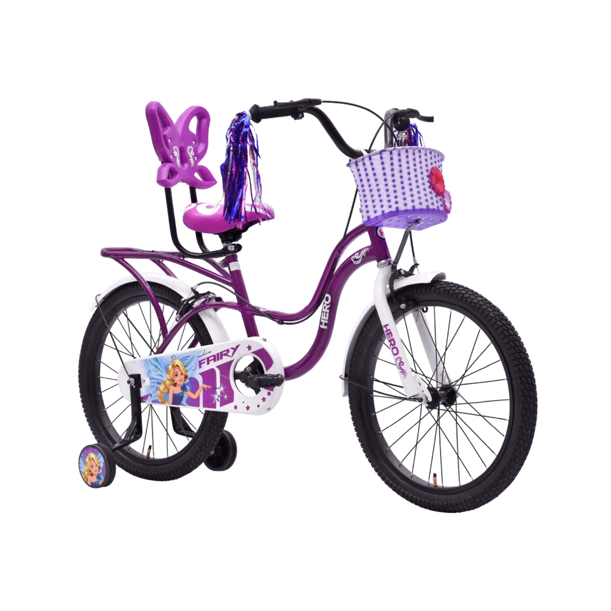 Hero Fairy 1 purple girls bicycle with front basket and rear seat