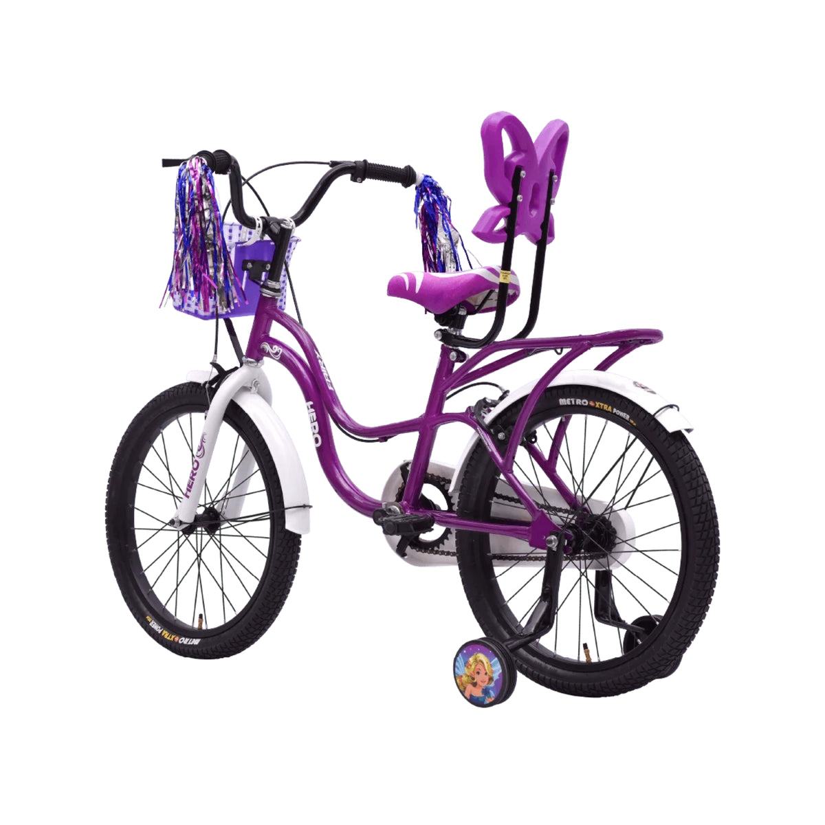 Hero Fairy 1 purple girls cycle with basket and rear seat front view