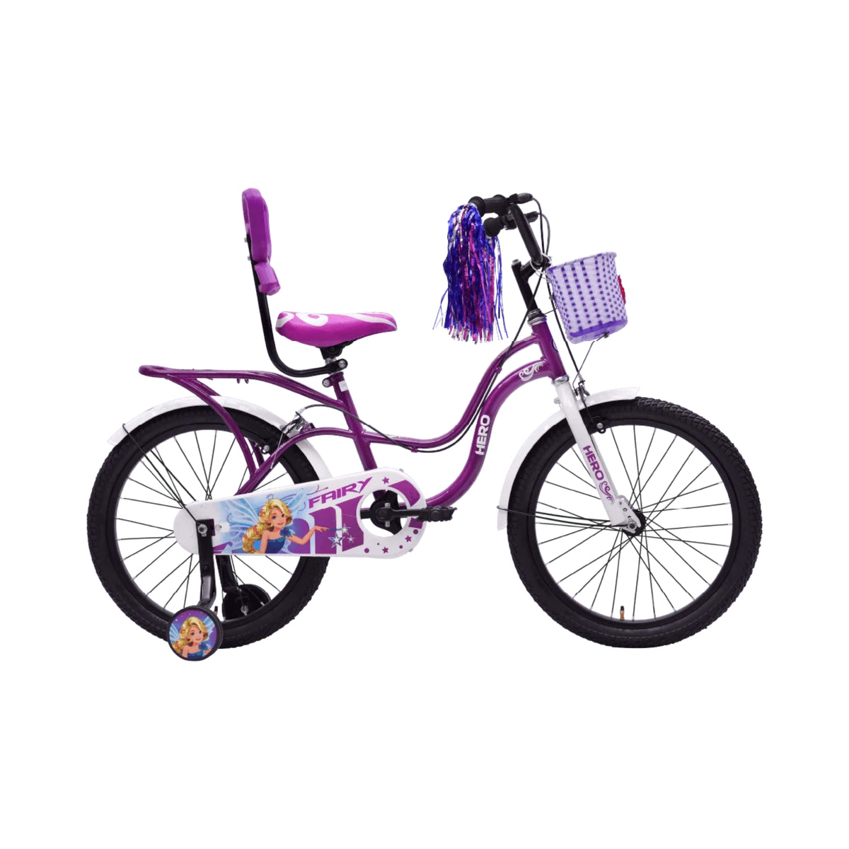 Hero Fairy 1 purple girls bicycle side profile with basket and training wheels