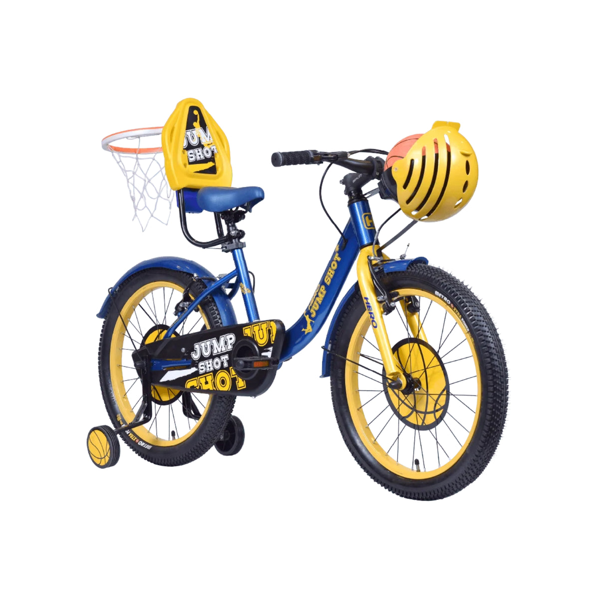 Hero Jumpshot+ 20T blue and yellow cycle with basketball helmet and hoop