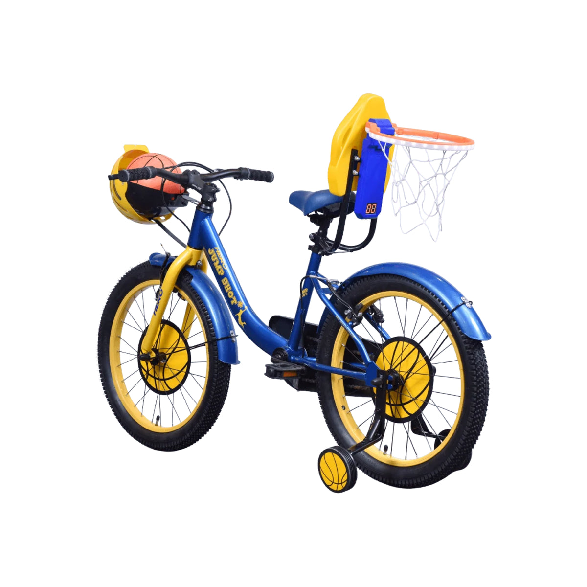 Hero Jumpshot+ 20T blue and yellow cycle rear view with basketball hoop