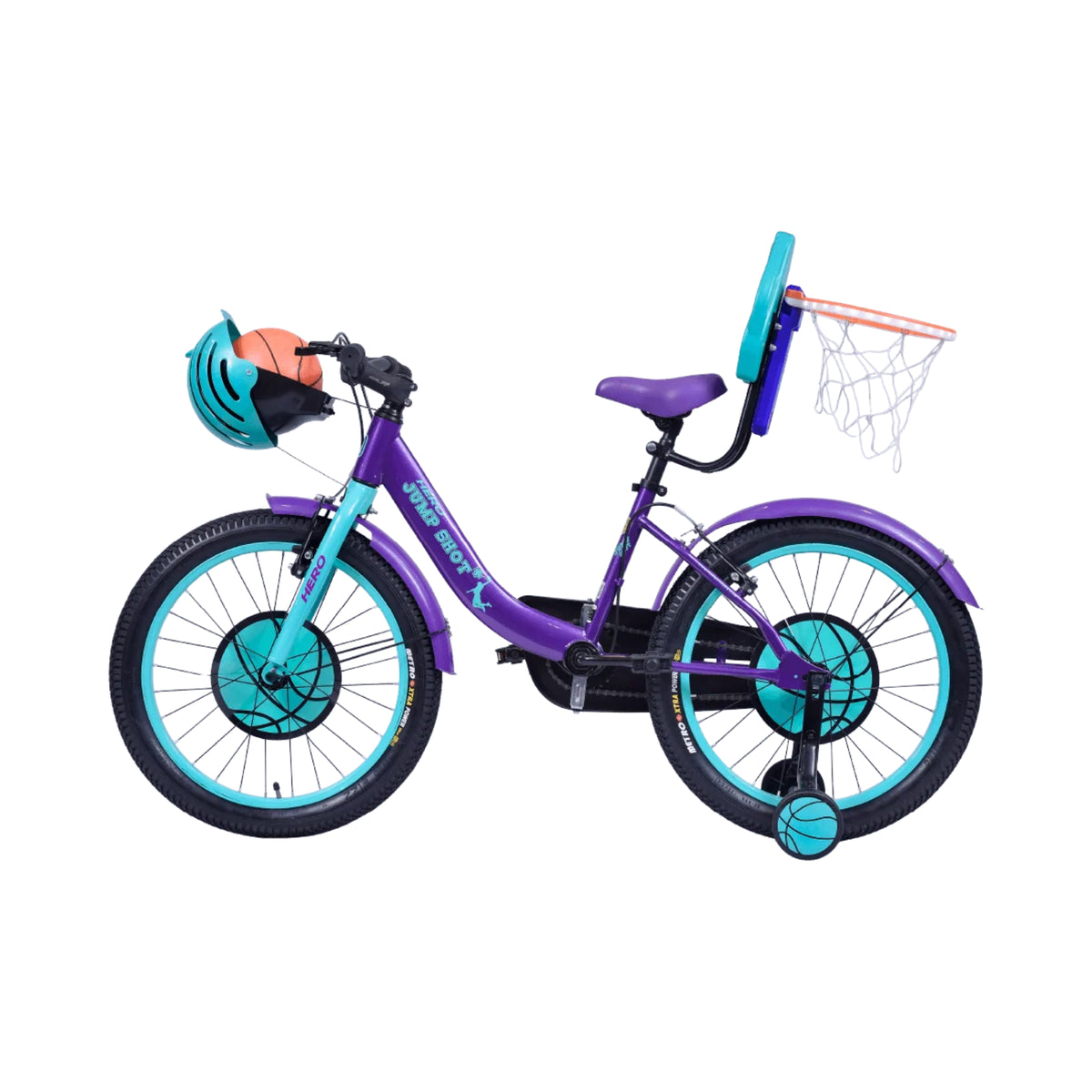 Hero Jumpshot+ 20T Purple cycle side view with support wheels and basketball-themed chain cover