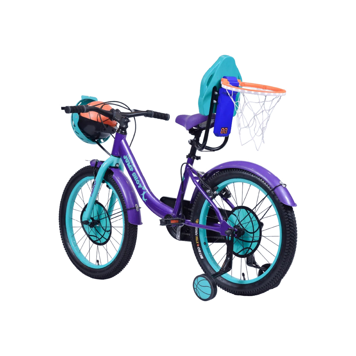 Hero Jumpshot+ 20T Purple cycle rear view with basketball hoop and digital scoreboard
