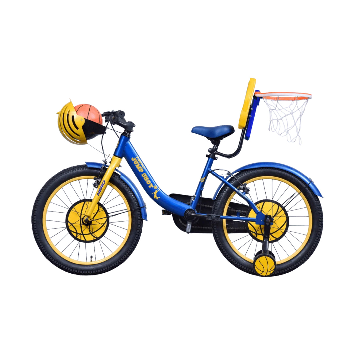 Hero Jumpshot+ 20T yellow cycle side view with support wheels and basketball-themed chain cover