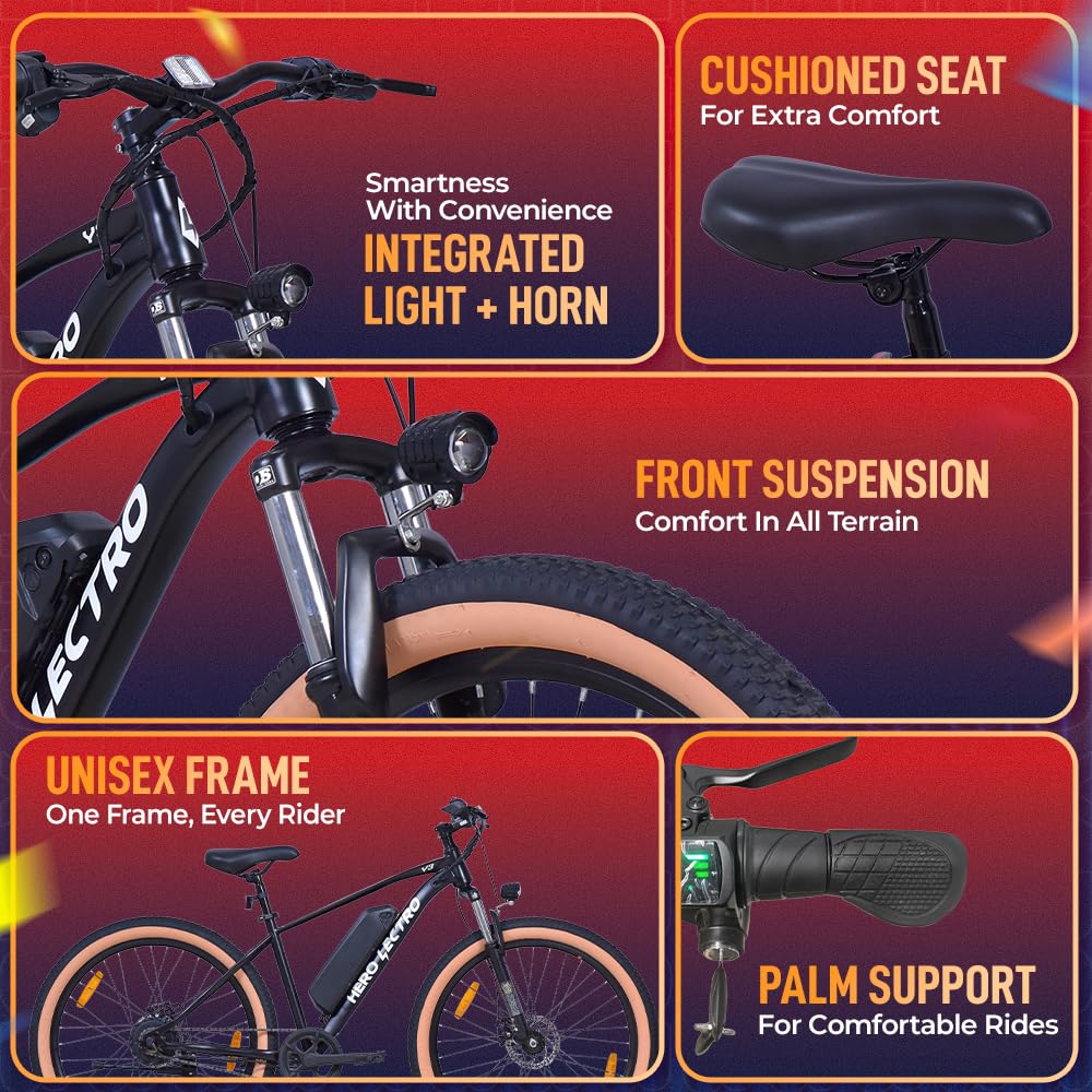 Hero Lectro electric cycle features including integrated light and horn, cushioned seat, front suspension, unisex frame and palm support grips
