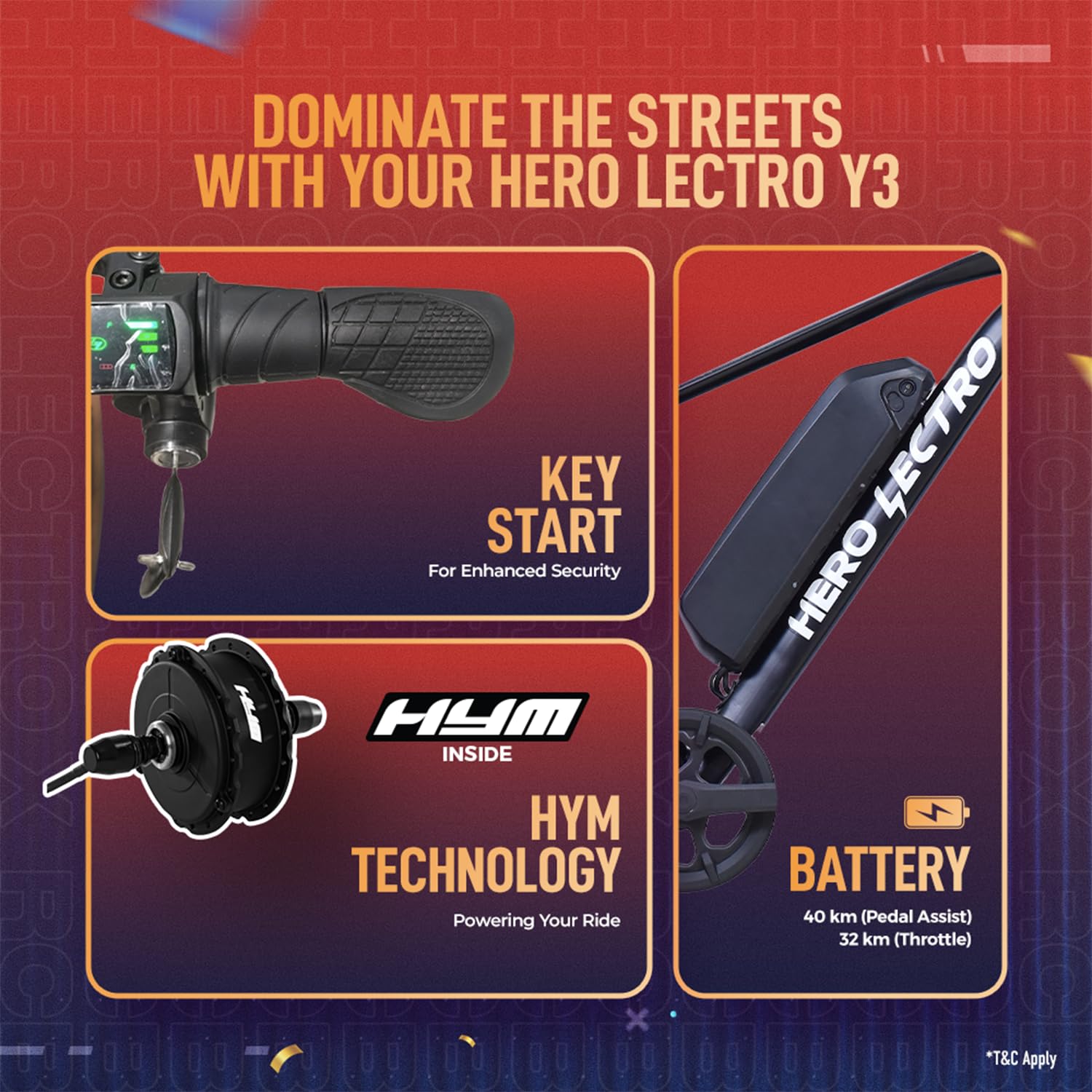 Hero Lectro Y3 electric cycle featuring key start security, removable battery, HY-M hub motor technology and long range performance

