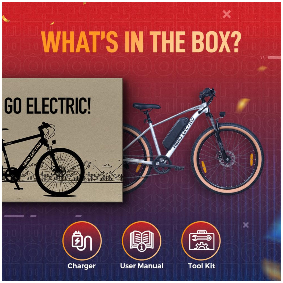 Hero Lectro Y3 Plus 27.5T electric cycle what's in the box with charger user manual and tool kit