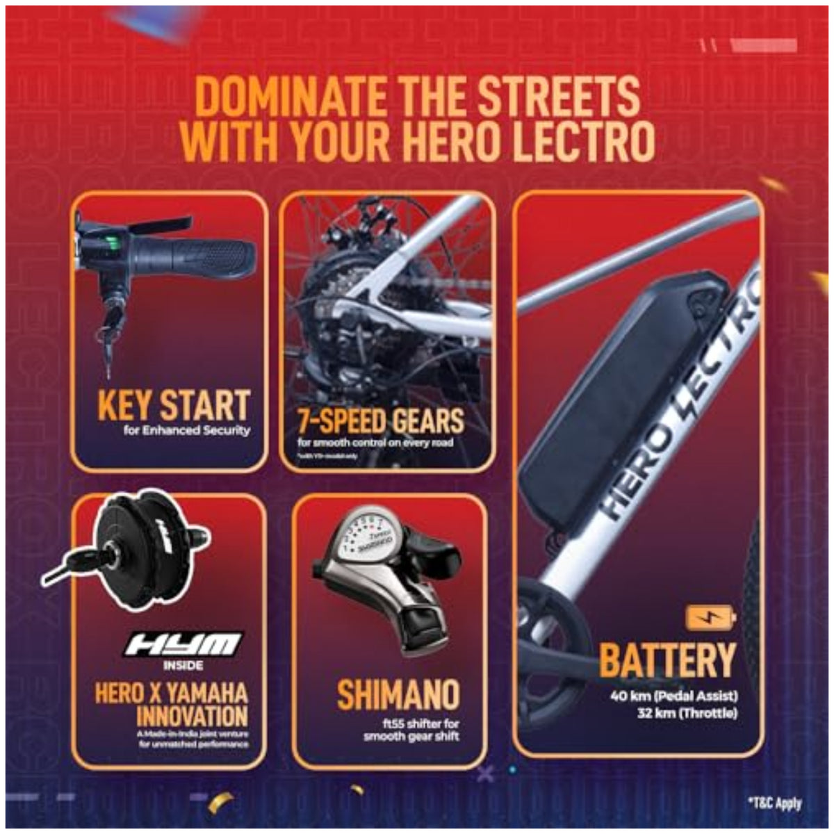 Hero Lectro Y3 Plus 27.5T electric cycle with key start 7 speed gears Shimano components and battery