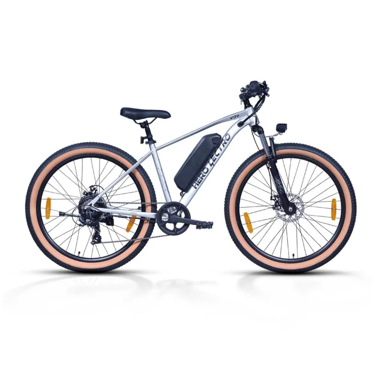 Hero Lectro Y3 Plus 27.5T silver electric cycle with front suspension and disc brakes