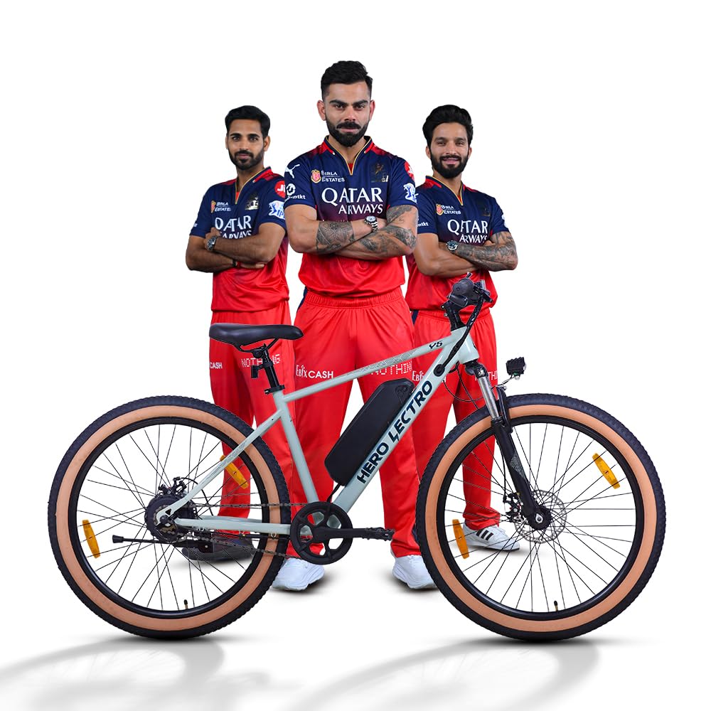 Hero Lectro Y5 electric cycle showcased with professional cricket players, highlighting powerful performance and sporty design
