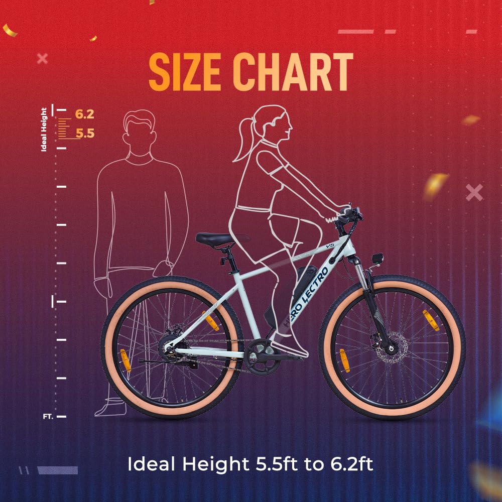 Hero Lectro Y5 electric cycle size chart showing ideal rider height from 5.5 ft to 6.2 ft