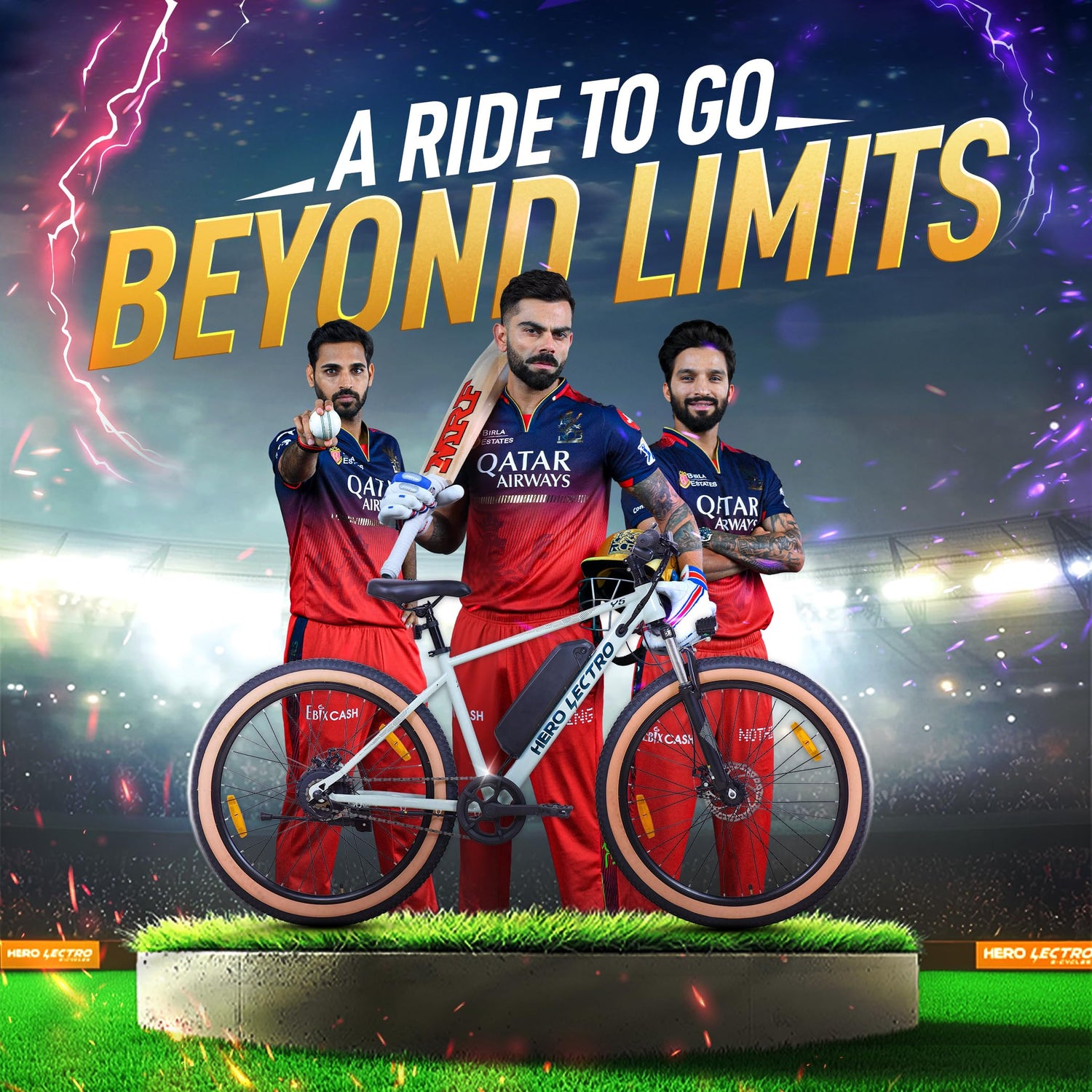 Hero Lectro Y5 RCB electric cycle campaign featuring cricketers with Beyond Limits ride theme