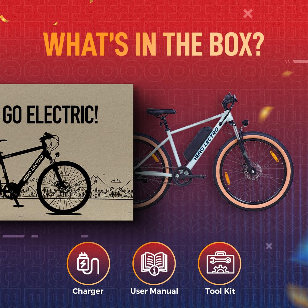 Hero Lectro Y5 electric cycle showing what’s inside the box including charger, user manual and tool kit