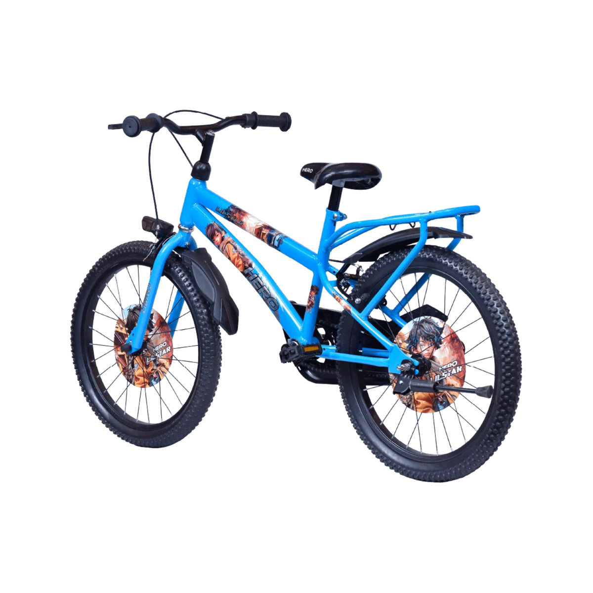 Hero Lilstar blue kids cycle rear three-quarter view with carrier