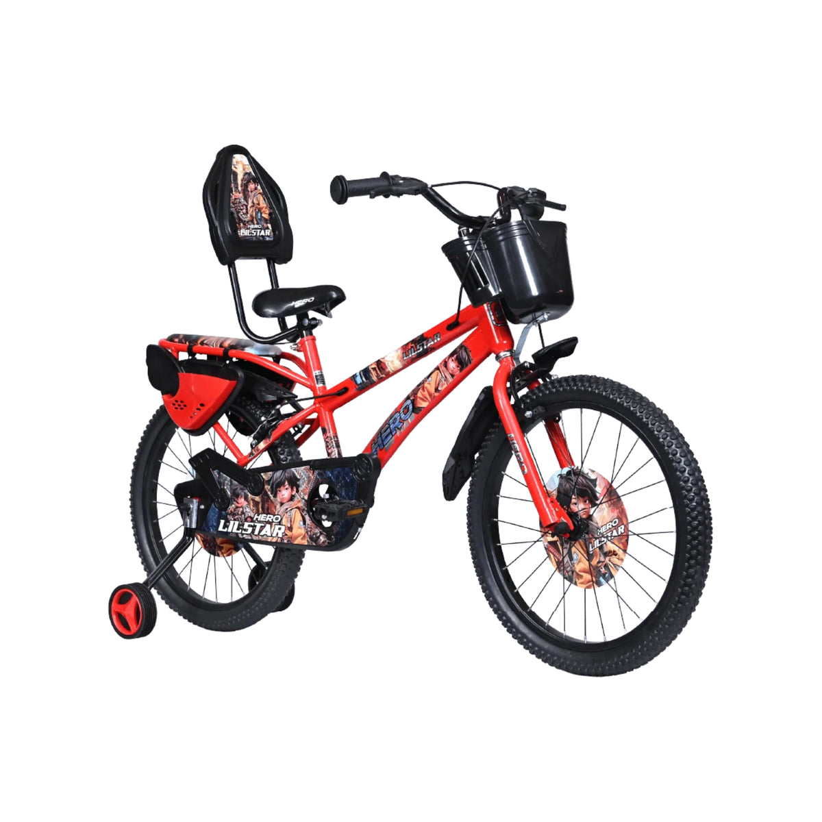 Hero Lilstar red kids cycle with integrated carrier and support wheel