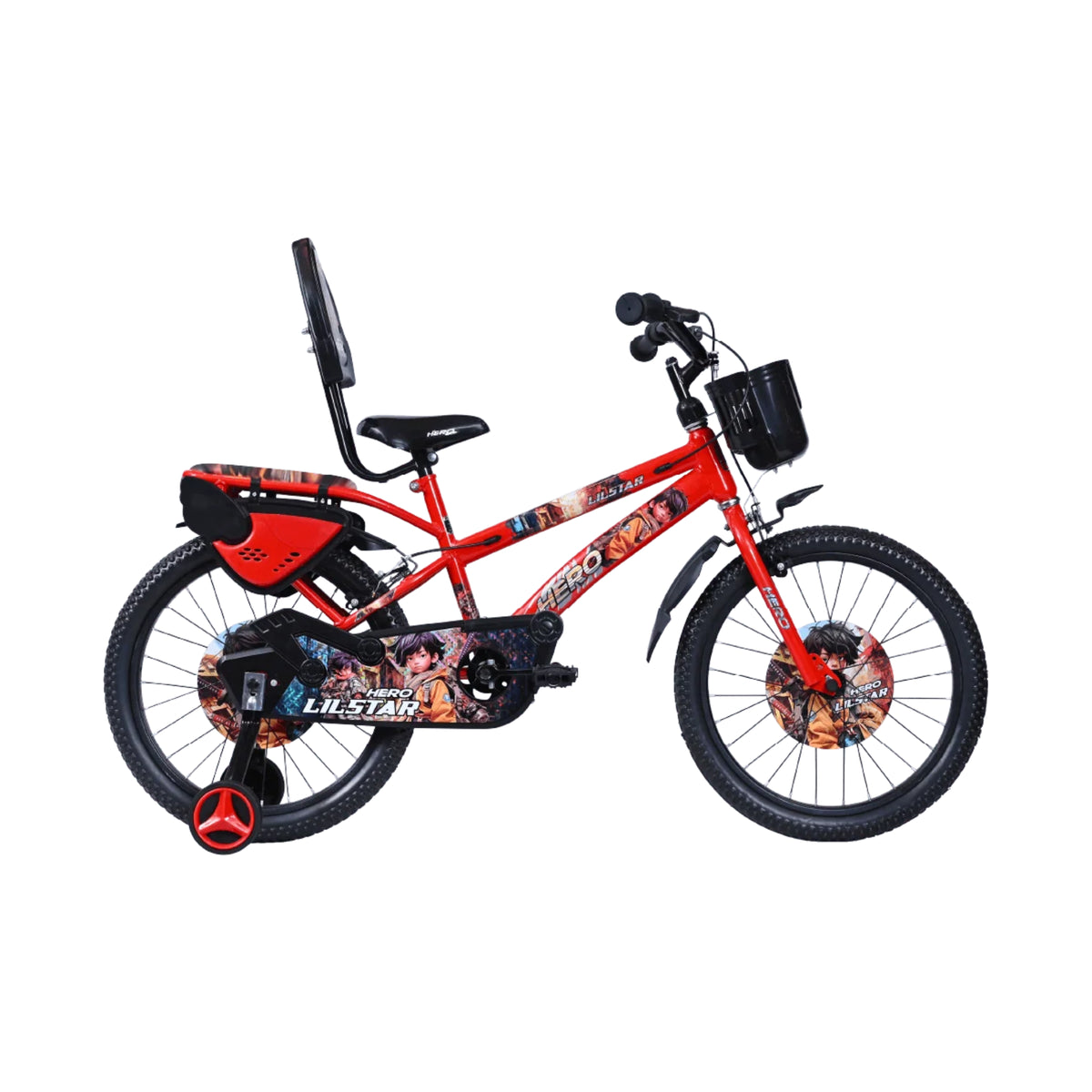 Hero Lilstar red kids cycle side view with carrier and mudguards