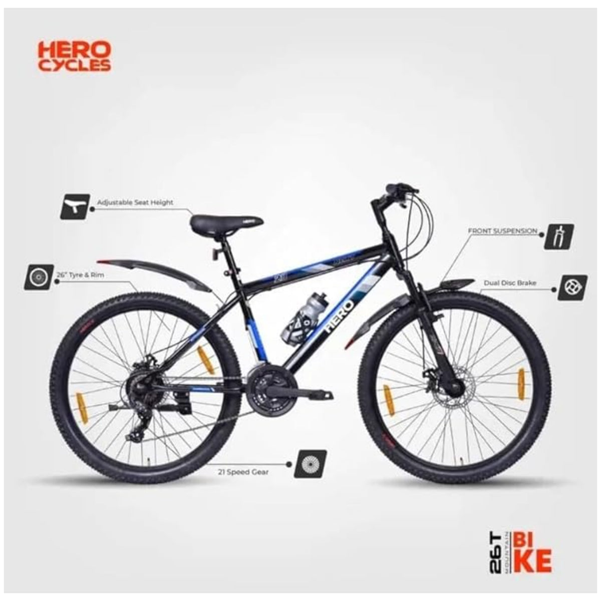 Hero Next 26T blue black 21 speed bicycle side view
