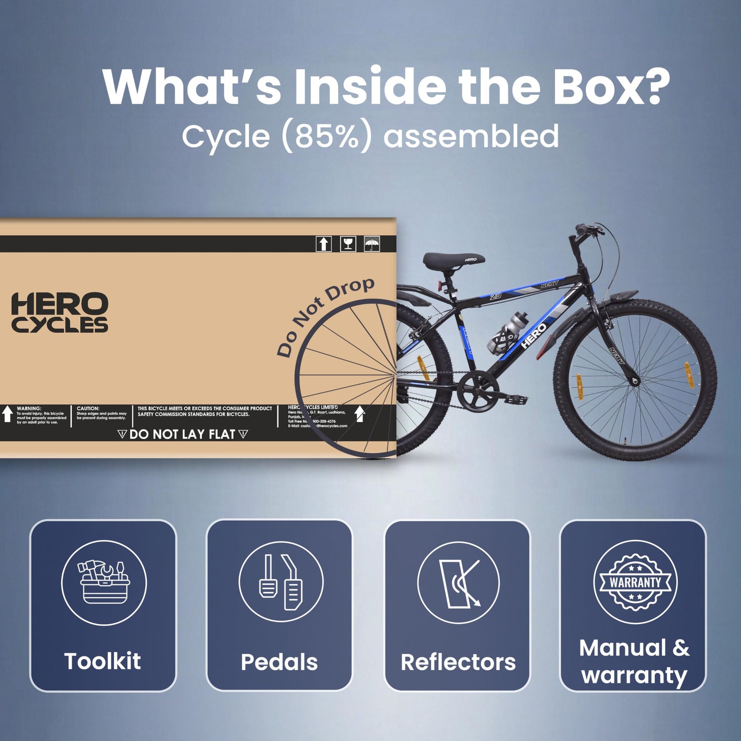 Hero Next 26T MTB Cycle Box Contents with Toolkit, Pedals, Reflectors and User Manual