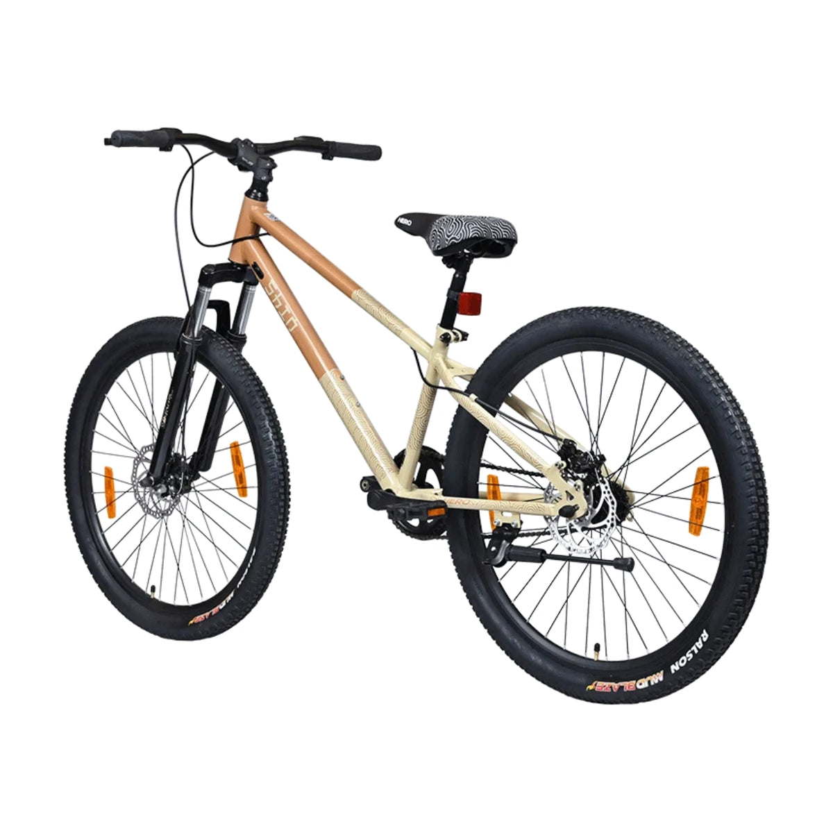 Hero SHIN beige bicycle shown from a front angle with suspension fork, alloy rims and wide tyres