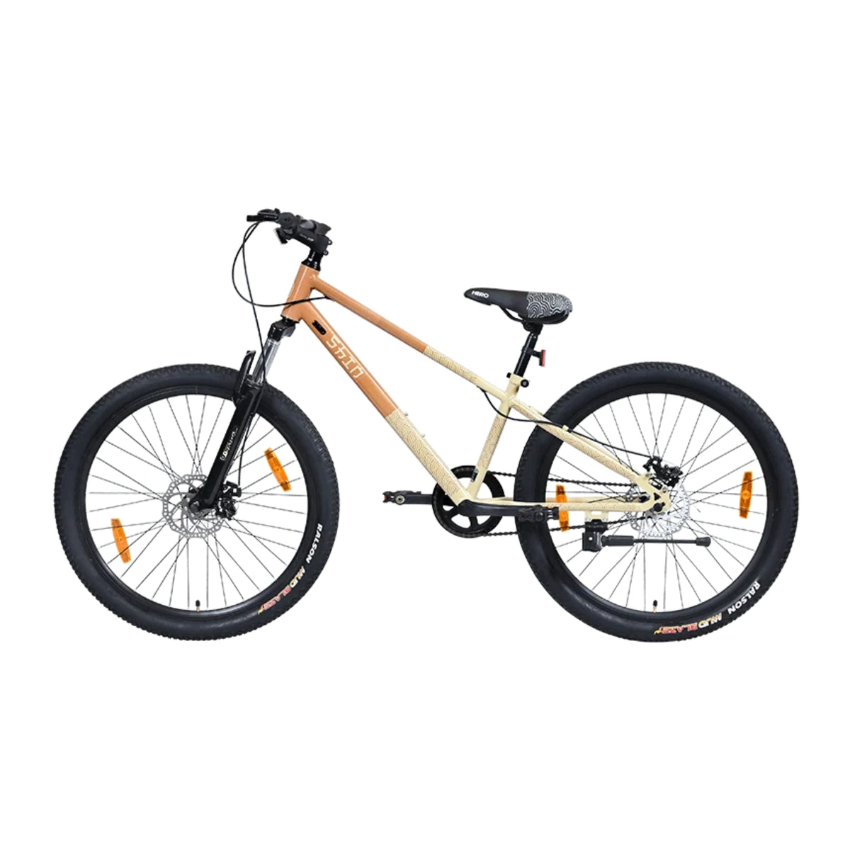 Hero SHIN beige bicycle viewed from the rear side with dual disc brakes and wide tyres