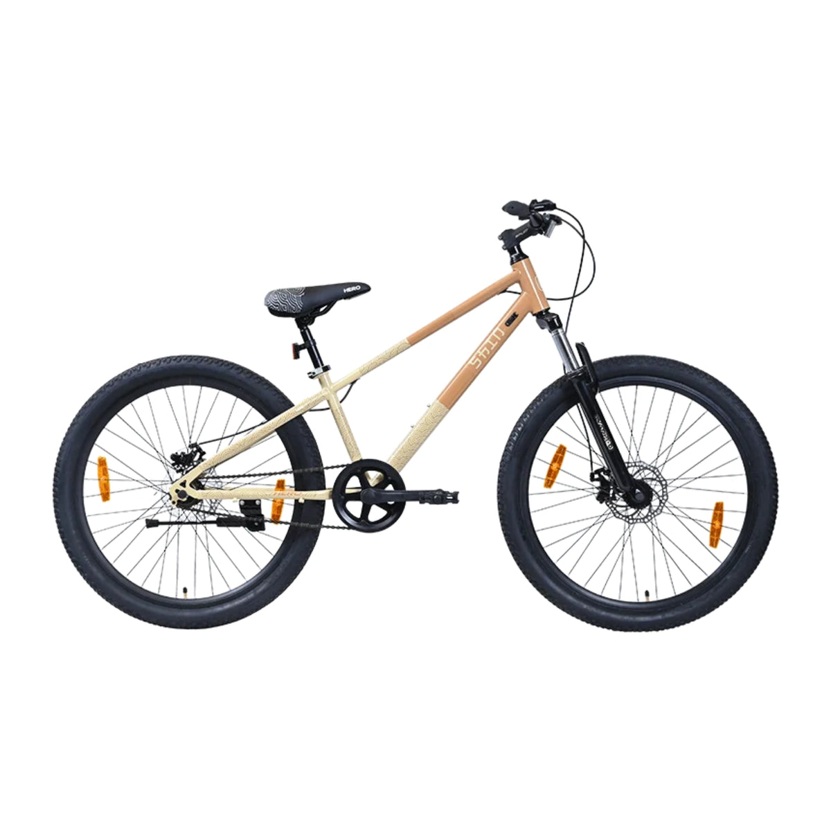 Hero SHIN beige bicycle side view showing its steel frame, single speed drivetrain and wide tyres