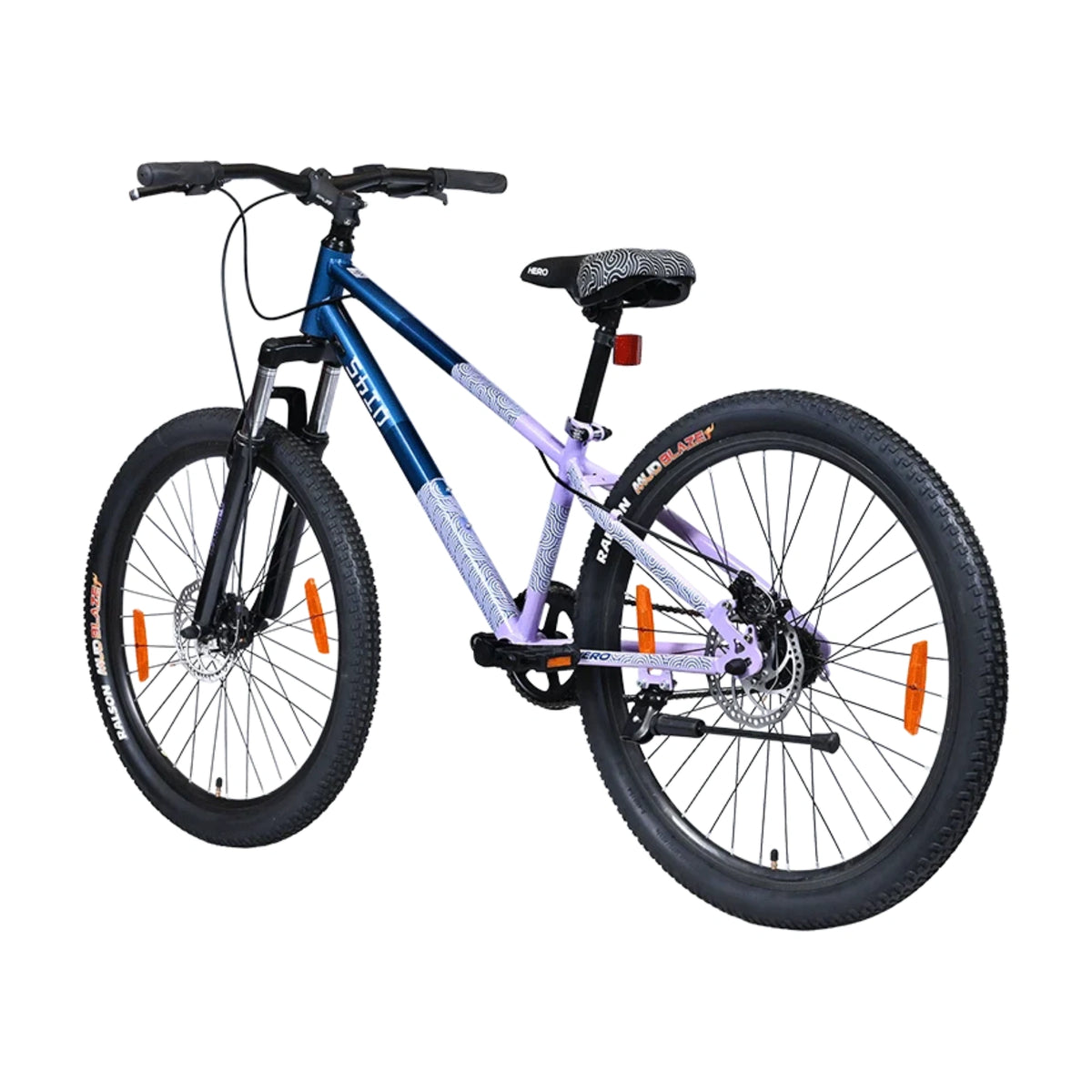 Hero SHIN blue and lavender bicycle shown from a front angle with suspension fork and disc brake