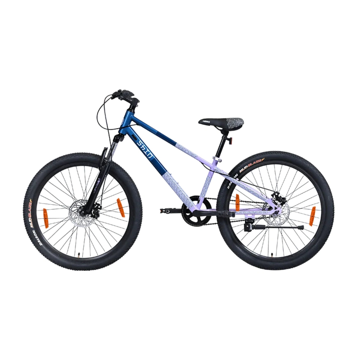 Hero SHIN blue and lavender bicycle viewed from the rear side with steel frame and dual disc brakes