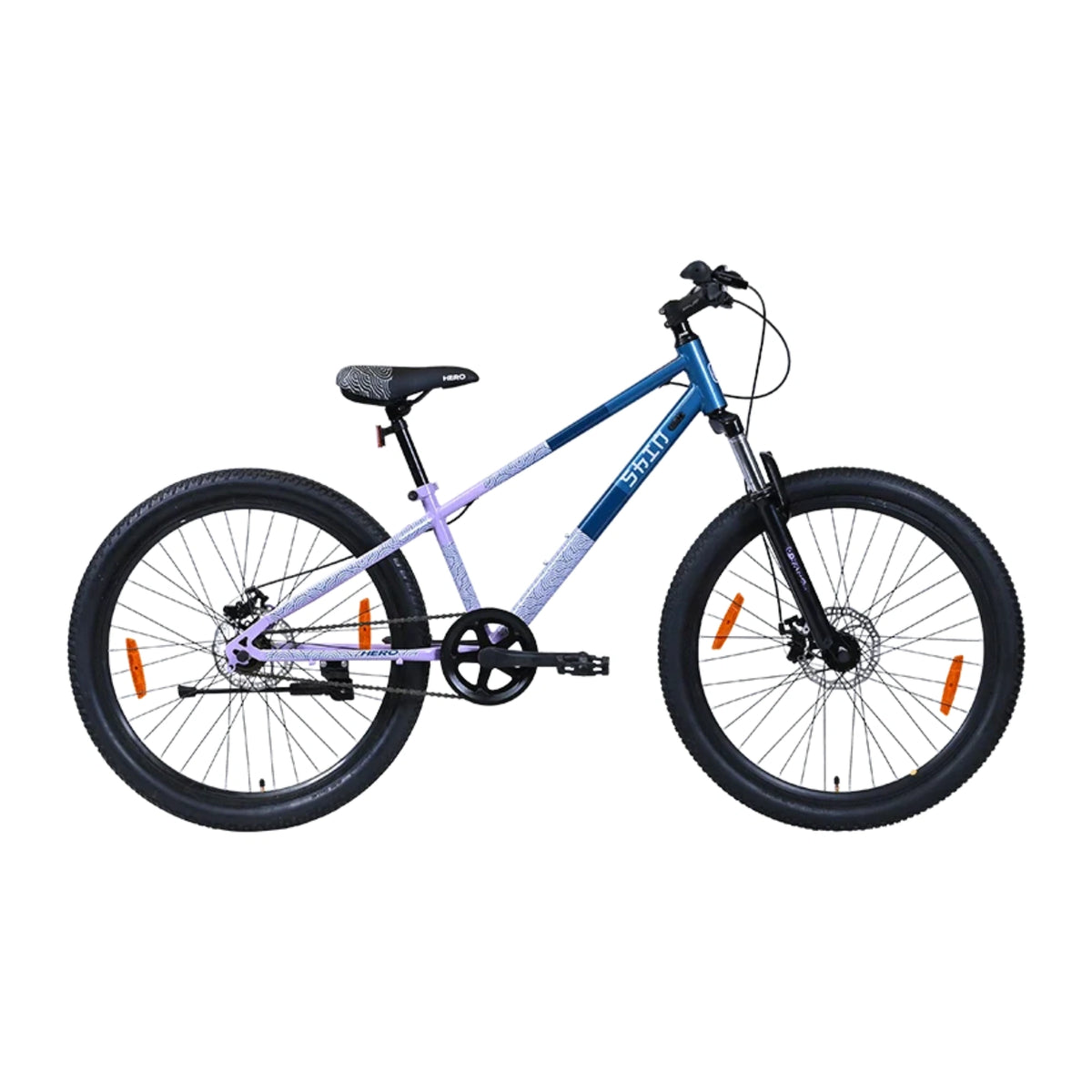 Hero SHIN blue and lavender bicycle viewed from the rear side with steel frame and dual disc brakes