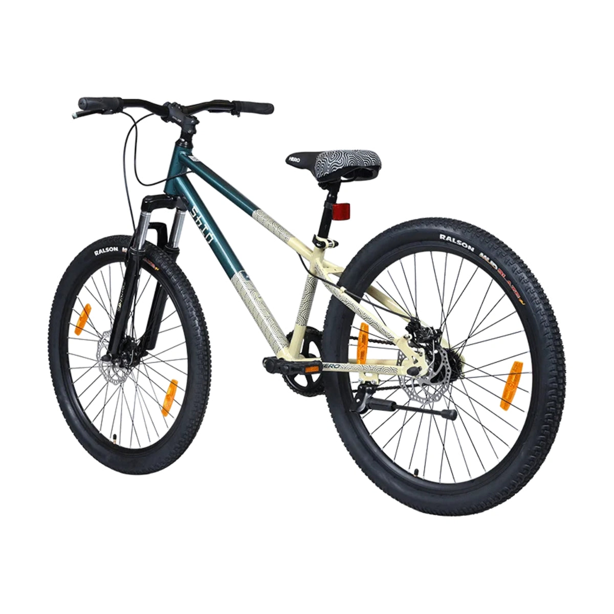 Hero SHIN teal bicycle shown from a front angle with suspension fork and disc brake system