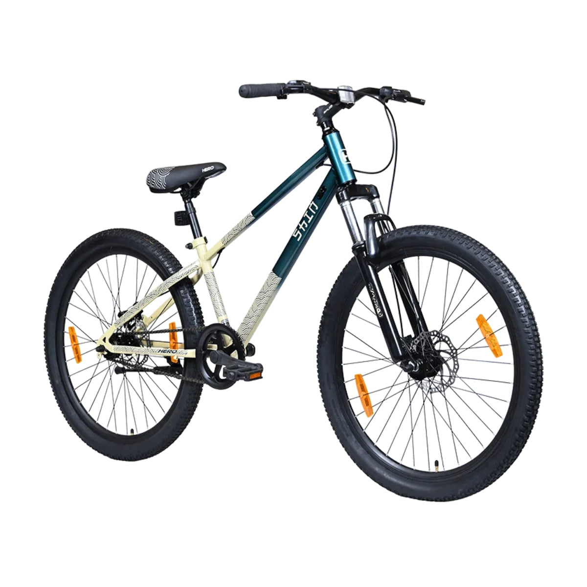 Hero SHIN bicycle in teal finish with front suspension, dual disc brakes and wide tyres