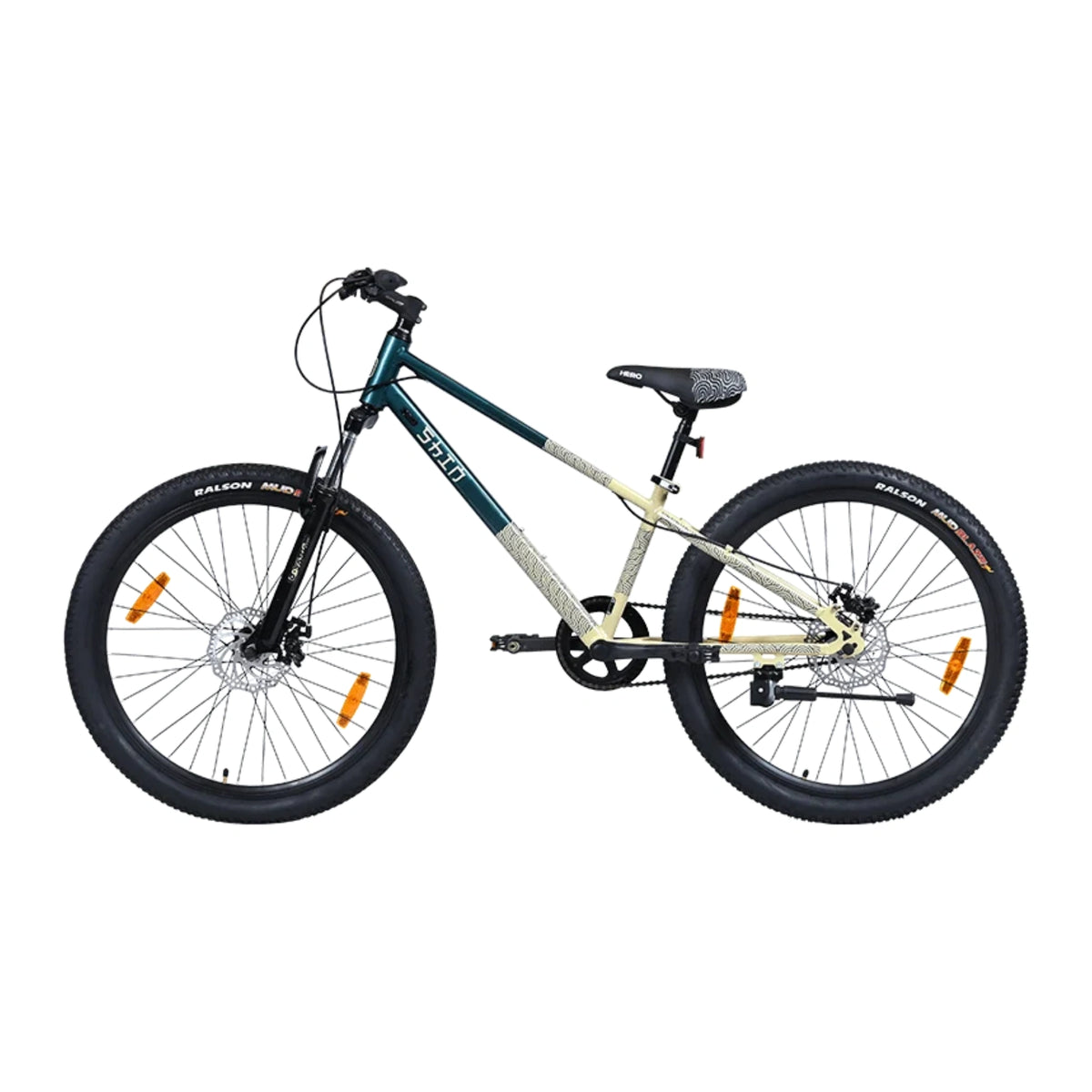 Hero SHIN teal bicycle viewed from the rear side with dual disc brakes and wide tyres