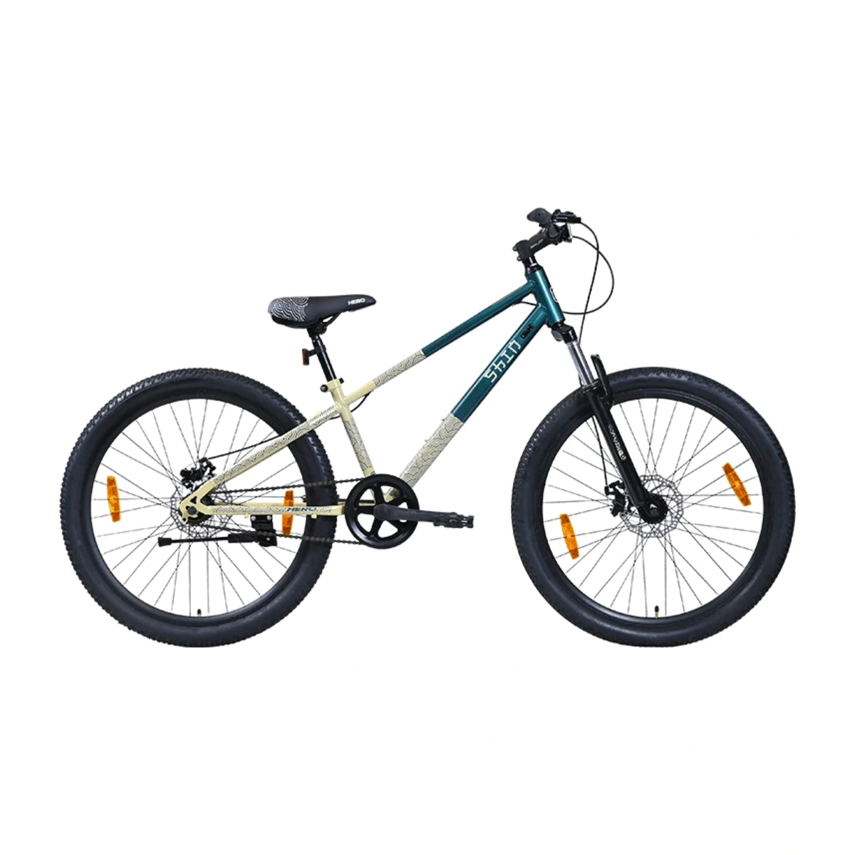 Hero SHIN teal bicycle side view showing the steel frame, single speed drivetrain and wide tyres