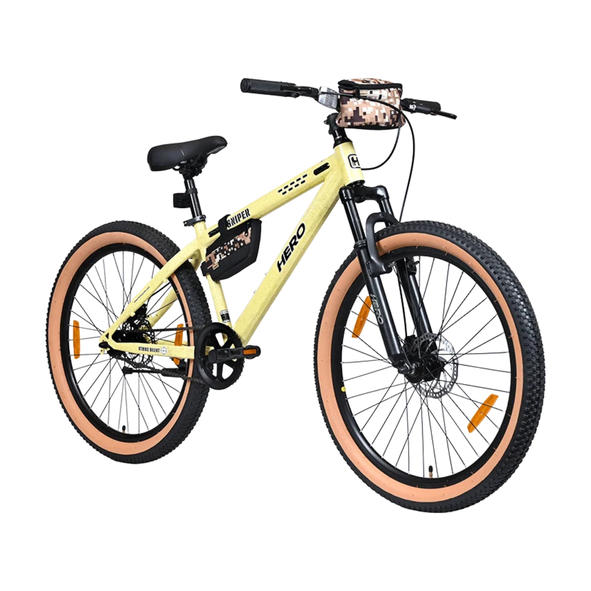 Hero Sniper yellow MTB cycle front three quarter view