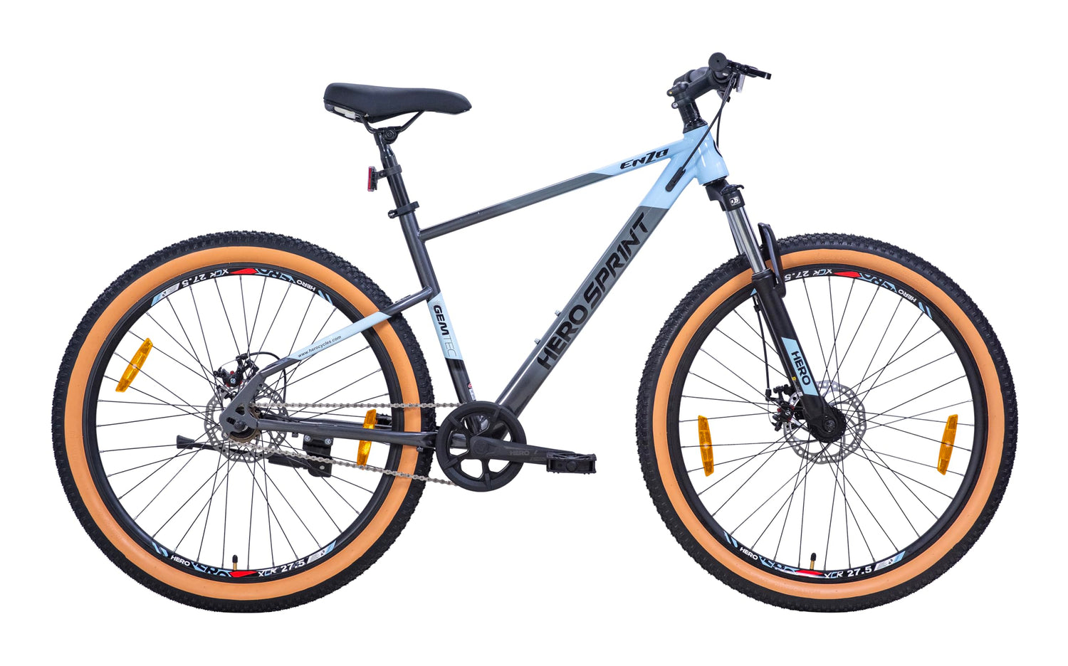 Side view of Hero Sprint Enzo 27.5T MTB in blue and grey with brown tires and disc brakes, ideal for adult men.
