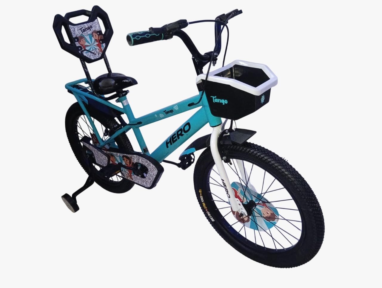 Hero Tango Kids Cycle Blue Angled View with Backrest, Basket and Training Wheels
