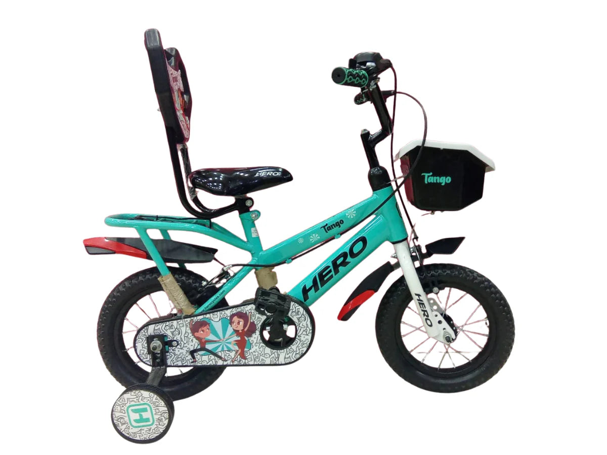 Hero Tango Kids Cycle Light Blue Side View with Training Wheels and Safety Backrest