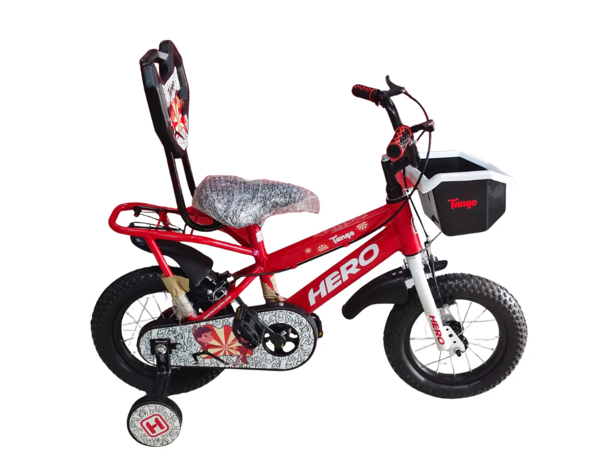 Hero Tango Kids Cycle Red Angled View with Backrest Seat and Storage Basket