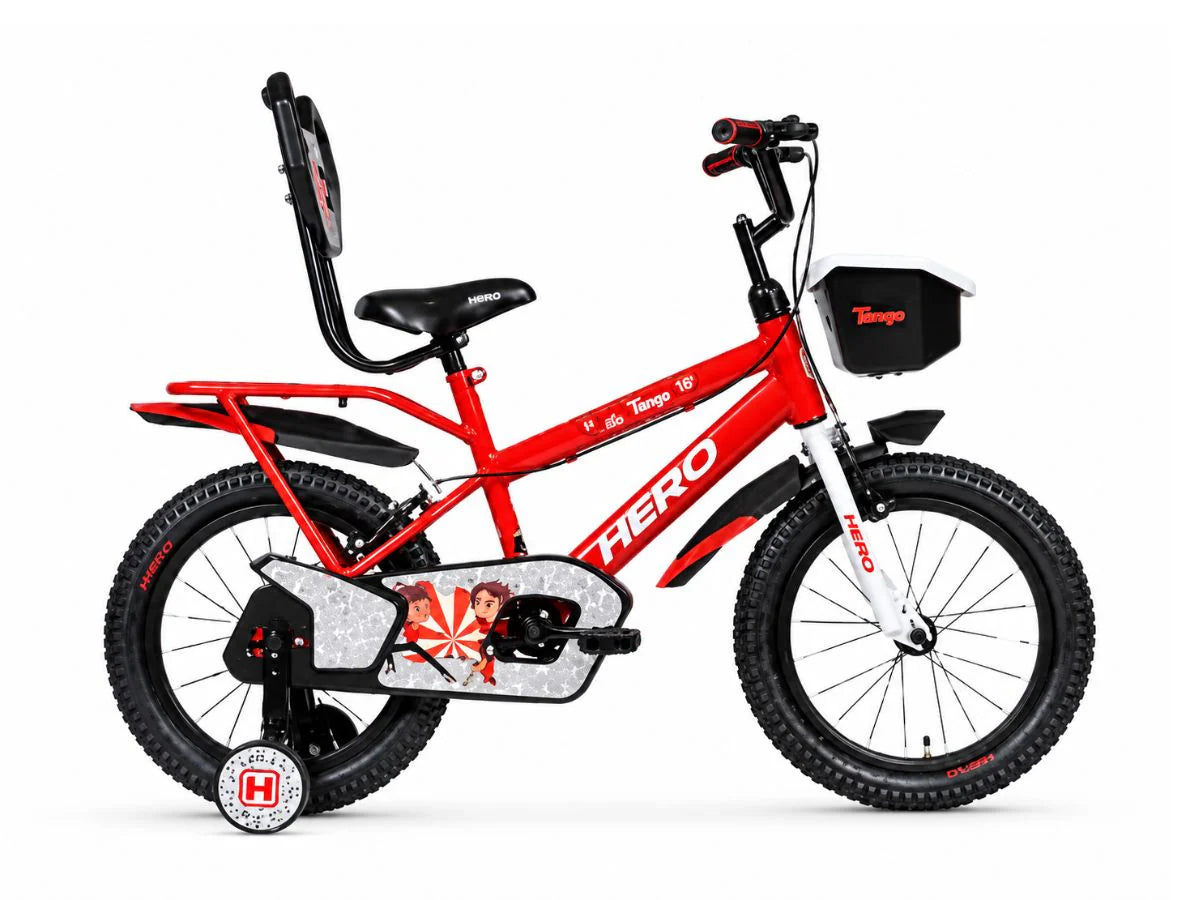 Hero Tango Kids Cycle Red Side View with Training Wheels and Front Basket