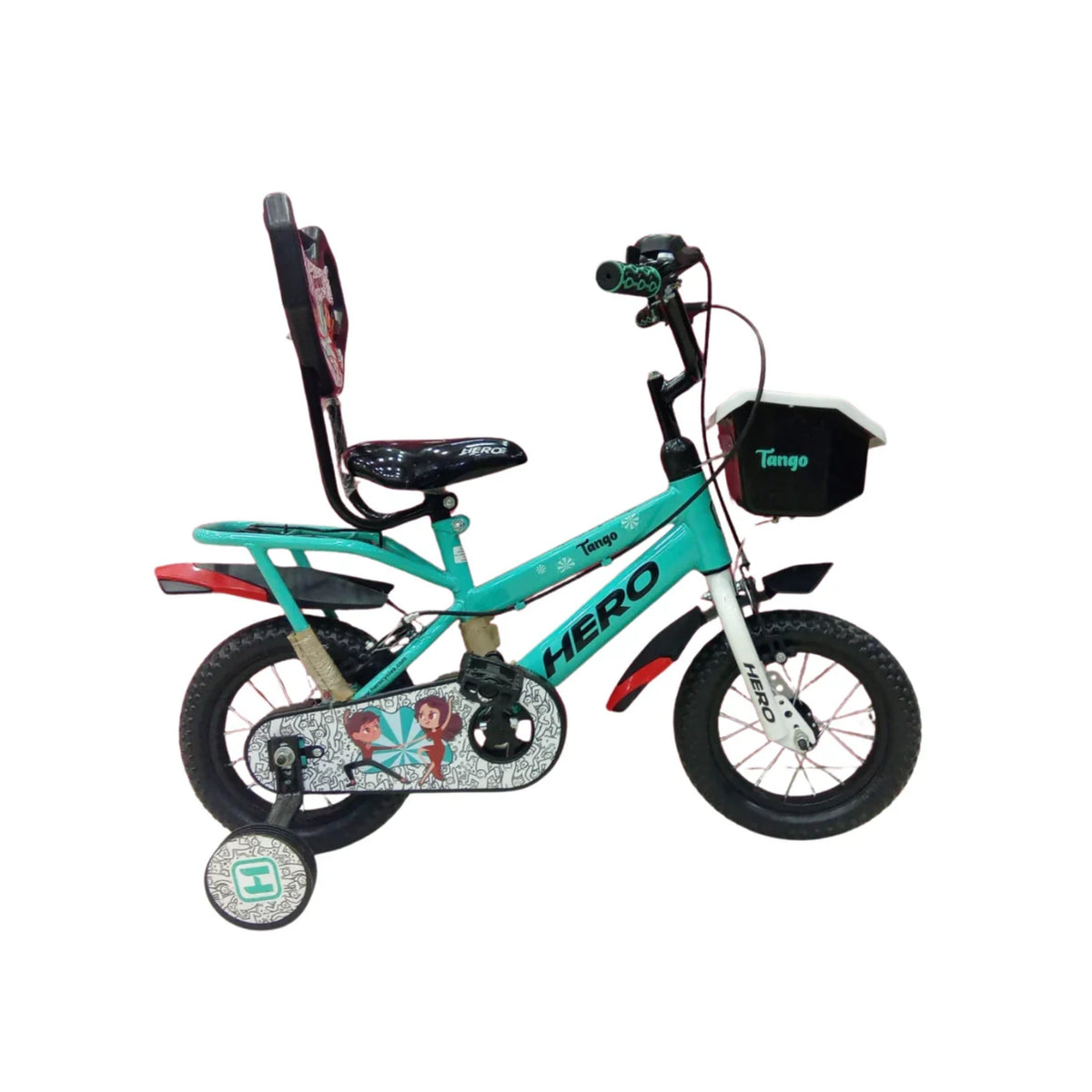 Hero tango teal bicycle shown with front basket and rear seat